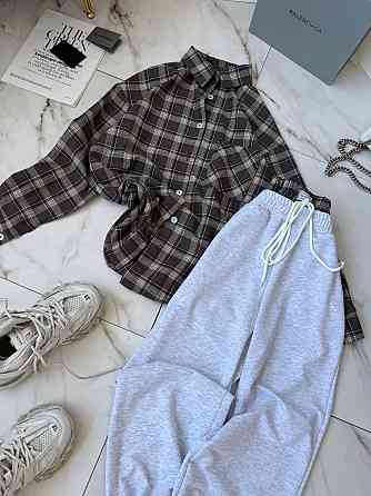 Женский стильный прогулочный костюм двойка: рубашка и штаны фланель + двунитка Шоколад, 48/52 Одесса