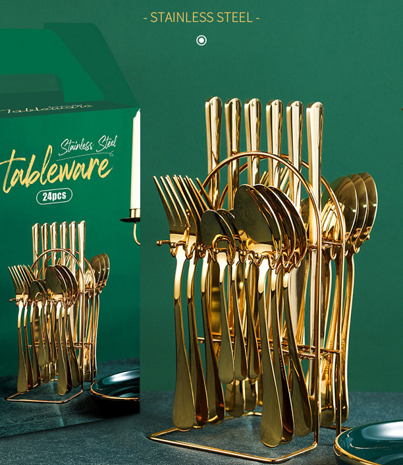 Набор золотых столовых приборов 24 шт х 6 персон Нержавеющая сталь на Подставке Золотые Кременчуг - изображение 7