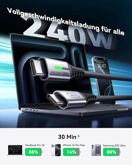 Кабель USB-C INIU 240W 2м×2 Чёрный нейлон PD быстрой зарядки 480Mbps для iPhone Samsung MacBook Киев - изображение 6