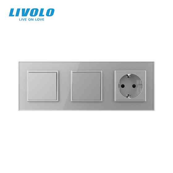 LIVOLO Двоклавішний вимикач (1-1) з розеткою Livolo сірий скло (VL-C7K1/K1/FCTC16A-6IP) Коломия