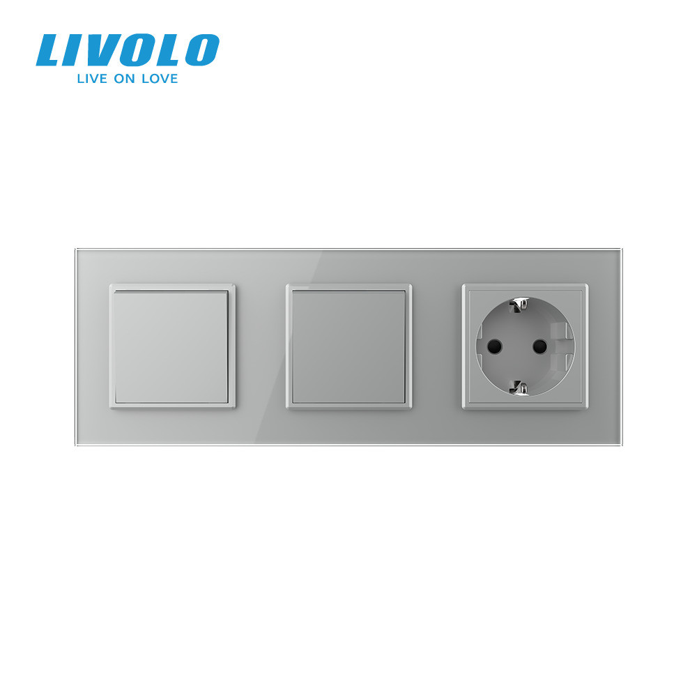 LIVOLO Двоклавішний вимикач (1-1) з розеткою Livolo сірий скло (VL-C7K1/K1/FCTC16A-6IP) Коломия - фото 6