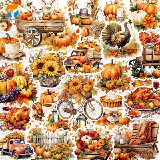 Набір осінніх стікерів 50 шт – гарбузи, соняхи, кошики, тварини Київ