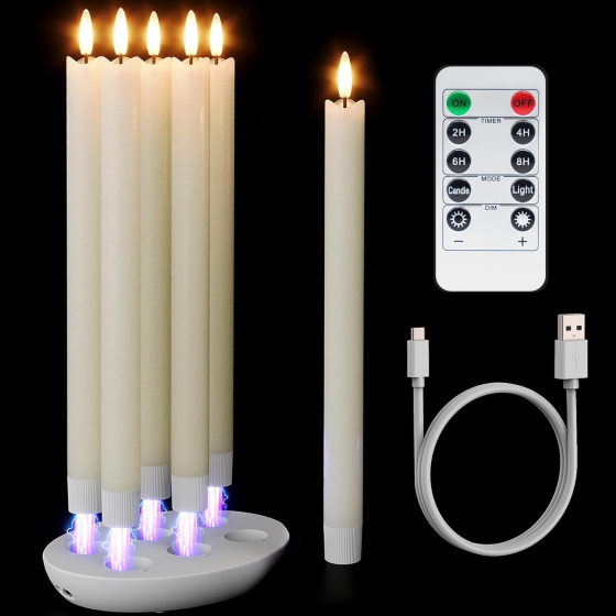 Аккумуляторные LED-свечи Eldnacele 6 шт, зарядная база USB-C, 3D-фитиль, пульт ДУ, таймер, настоящий воск Киев