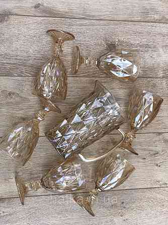 Набір 6 шт. келихів + глечик 1 л. «Дзеркальний Смарагд» 300 мл бурштиновий колір Київ