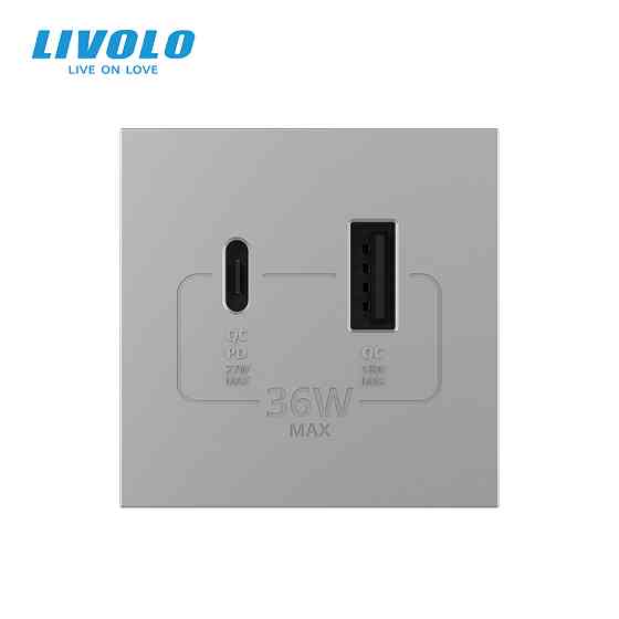 LIVOLO Розетка LIVOLO USB-A + USB-C PD 36Вт, сіра, швидке заряджання, Power Delivery QC 3.0, мо Коломия