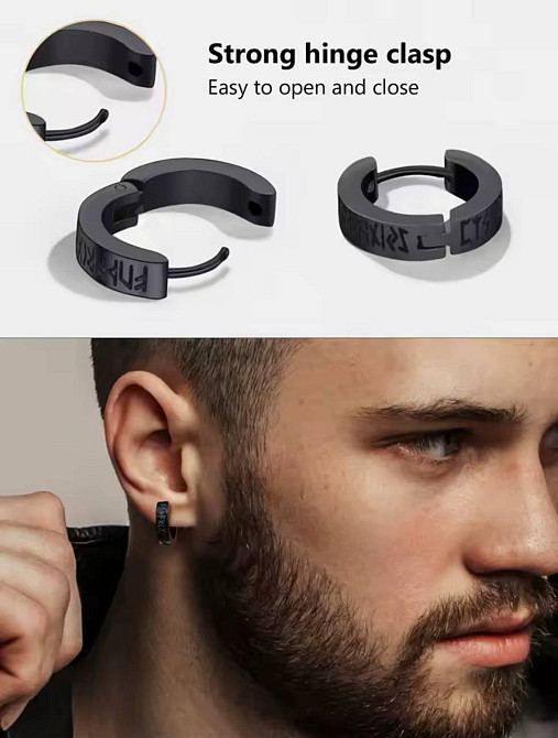 Сережки-кільця з нержавіючої сталі з рунами – чорні Київ - фото 2