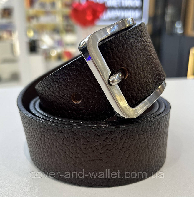 Стильний шкіряний чоловічий ремінь коричневого кольору з прямокутною пряжкою 40мм PS Leather Київ - фото 13