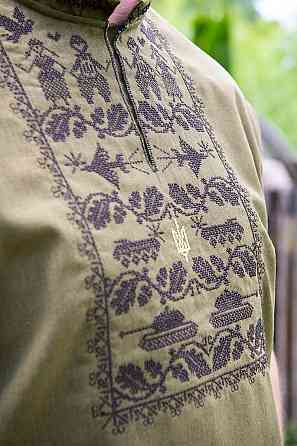 Вышиванка мужская, лен, короткий рукав,  хаки, топ Киев