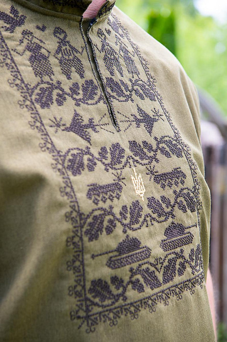 Вышиванка мужская, лен, короткий рукав,  хаки, топ Киев - изображение 3