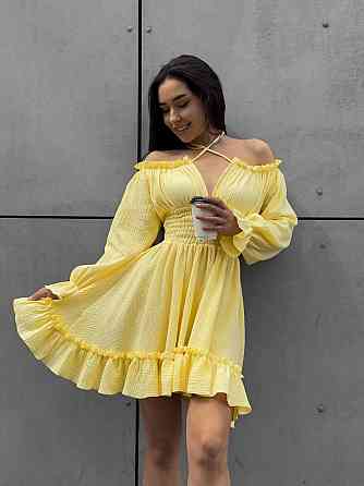 Женское летнее романтичное мини платье натуральный муслин Лимонный, 46/48 Одесса