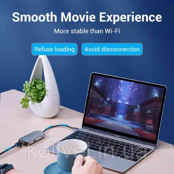 Хаб USB 3.1 Type-C -> 3хUSB 3.0/RJ45 Gigabit/PD 100W 5-in-1 Vention (TNFHB) Київ