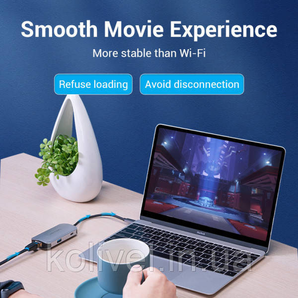 Хаб USB 3.1 Type-C -> 3хUSB 3.0/RJ45 Gigabit/PD 100W 5-in-1 Vention (TNFHB) Київ - фото 5