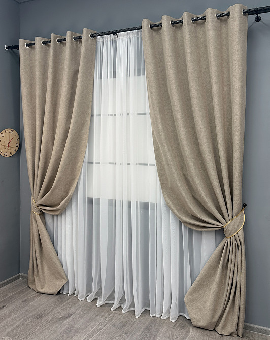 Комплект штор на люверсах VR-Textil Блэкаут двусторонний ASHEN NIGHT № 1853ш Бежевый 150х270 см 2 шт (37-0293) Киев - изображение 3