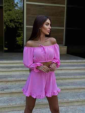Женский легкий романтичный костюм двойка: топ и шорты американский креп жатка Розовый Одесса