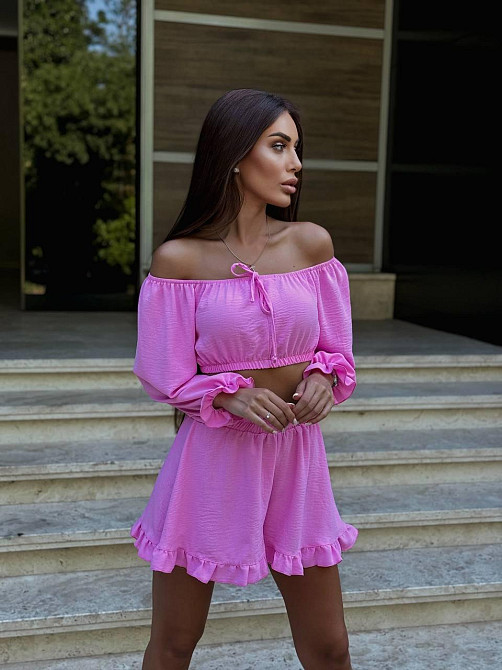Женский легкий романтичный костюм двойка: топ и шорты американский креп жатка Розовый Одесса - изображение 3