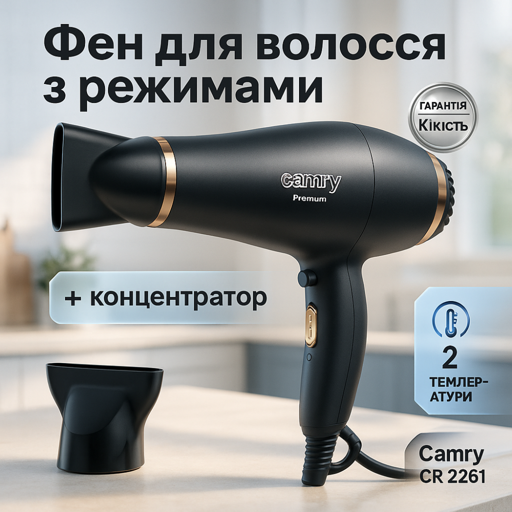 Функціональний професійний фен Camry CR 2261 1200Вт, Фен-стайлер для сушіння волосся FR-90 Львів - фото 12