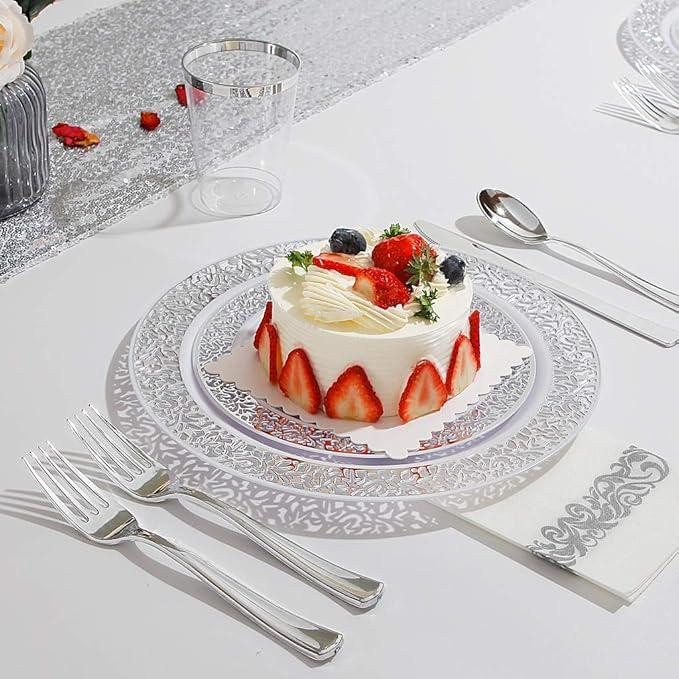 Набір тарілок пластикових круглі 12 шт, десертні 19 см і обідні 26 см, білі зі сріблястим візерунком Кам'янець-Подільський - фото 10