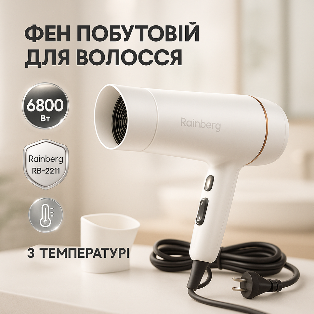 Воздушный стайлер для волос Rainberg RB-2211 6800Вт, Фен для волос с режимами, Фен мощный QO-81 Львов - изображение 18