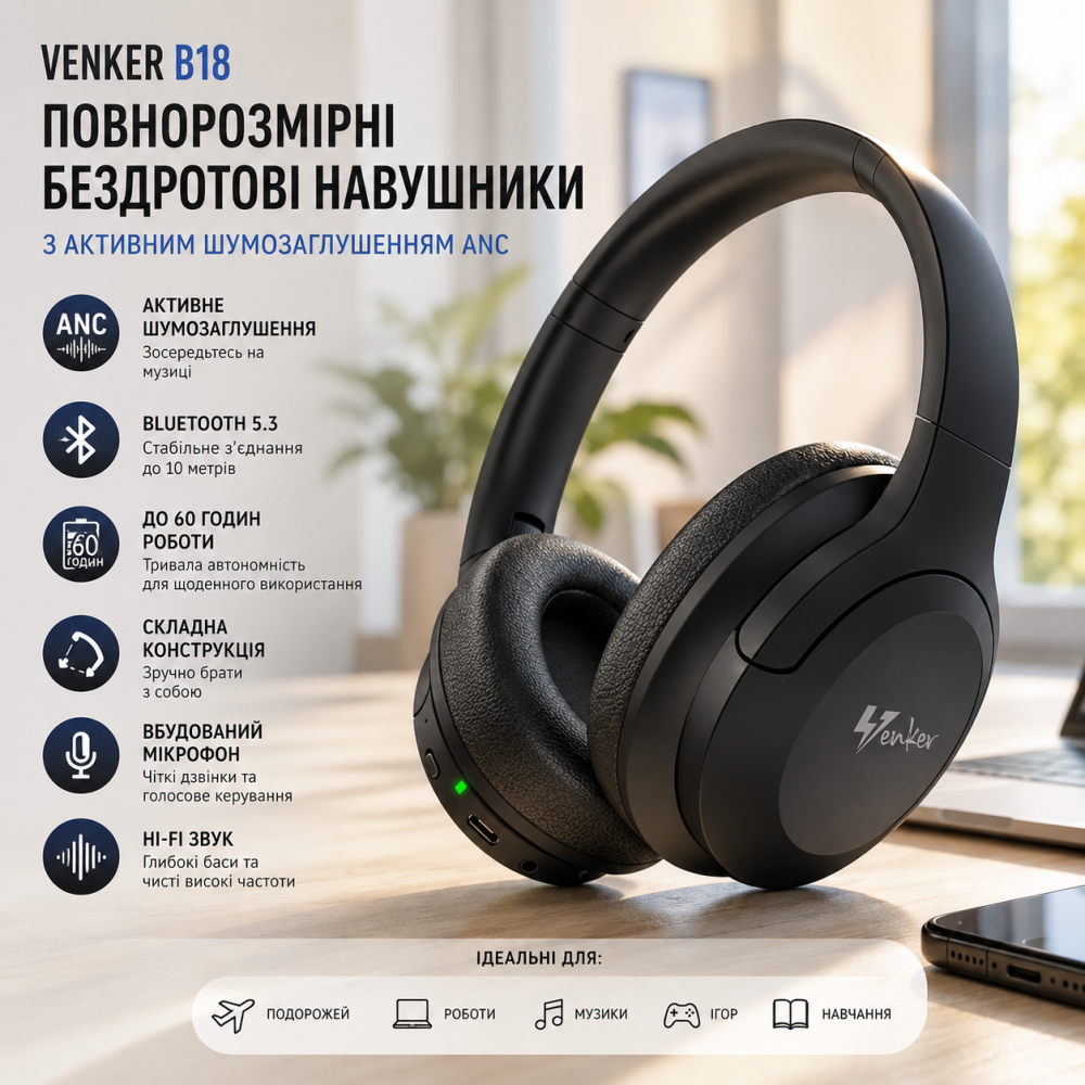 Повнорозмірні бездротові навушники Venker B18 Black з активним шумозаглушенням ANC, складні Bluetooth-навушники Київ - фото 9