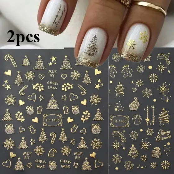 Новогодние наклейки для ногтей с золотым тиснением – набор 2 листа Киев