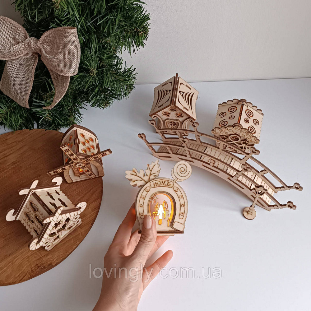 Новогодний деревянный городок с LED подсветкой – набор домиков для дома, подарок и праздничный декор. Ирпень - изображение 7