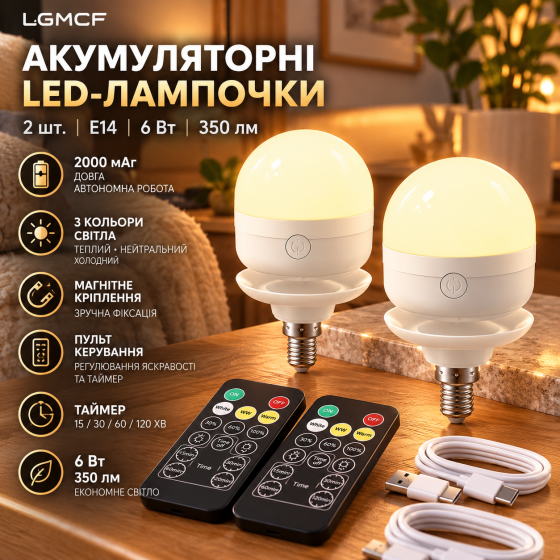 Акумуляторні LED-лампочки LGMCF E14 2 шт., 6 Вт, 350 лм, 2000 мАг, магнітні, 3 кольори, пульт, таймер Київ