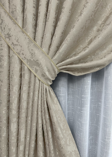 Комплект штор VR-Textil Льон Мармур 100х270 2шт і Тюль 400х270 1272ш-115т Теплий бежевий з білим 71-127/2 Київ - фото 4