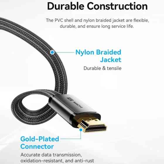 Кабель HDMI M - M, 2.0 м, V2.1, 8K 60Гц, плаский з обплетенням, Vention Винница