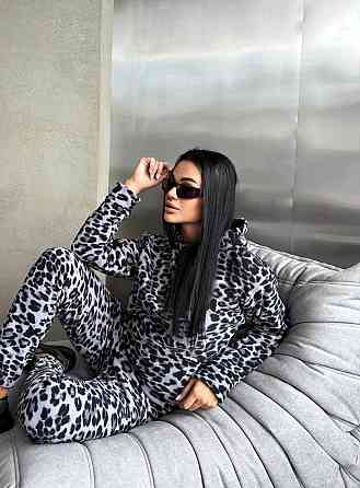 Женский теплый леопардовый костюм двойка: худи и штаны турецкий двусторонний полар флис 44/46 Одесса