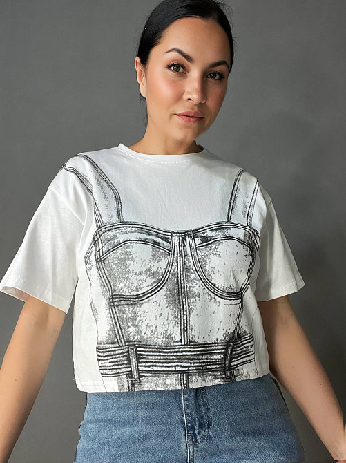 Футболка жіноча A-N 2732 варена коротка широка малюнок корсет бра, білий, one size Київ - фото 7