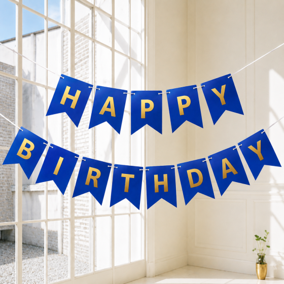 Гірлянда сині прапорці happy birthday 2,8 м, гірлянда прапорці на день народження, розтяжка день народження Київ