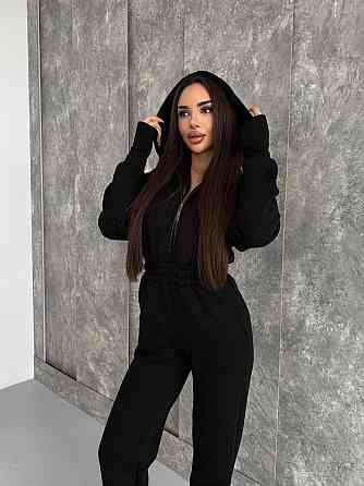 Женский теплый повседневный комбинезон с капюшоном трехнить на флисе Черный, 48/50 Одесса