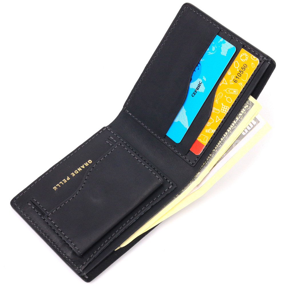 Матовое кожаное портмоне в два сложения Сердце GRANDE PELLE 16733 Черный Киев - изображение 6