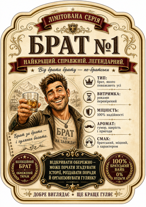 Етикетки на пляшку вина або ігристого для брата “Брат №1” | Прикольний подарунок брату | Комплект етикетка + контретикетка Одеса - фото 1