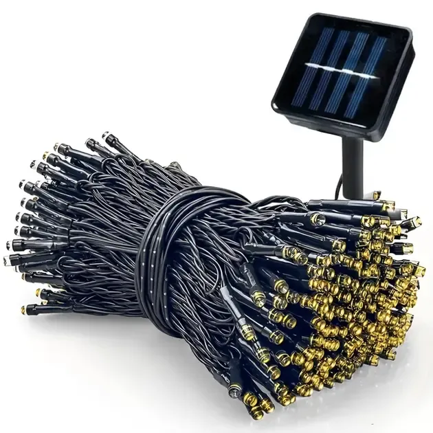 Гирлянда нить на солнечной батарее 1500 LED 150 м черный провод желтый Коломия - фото 2