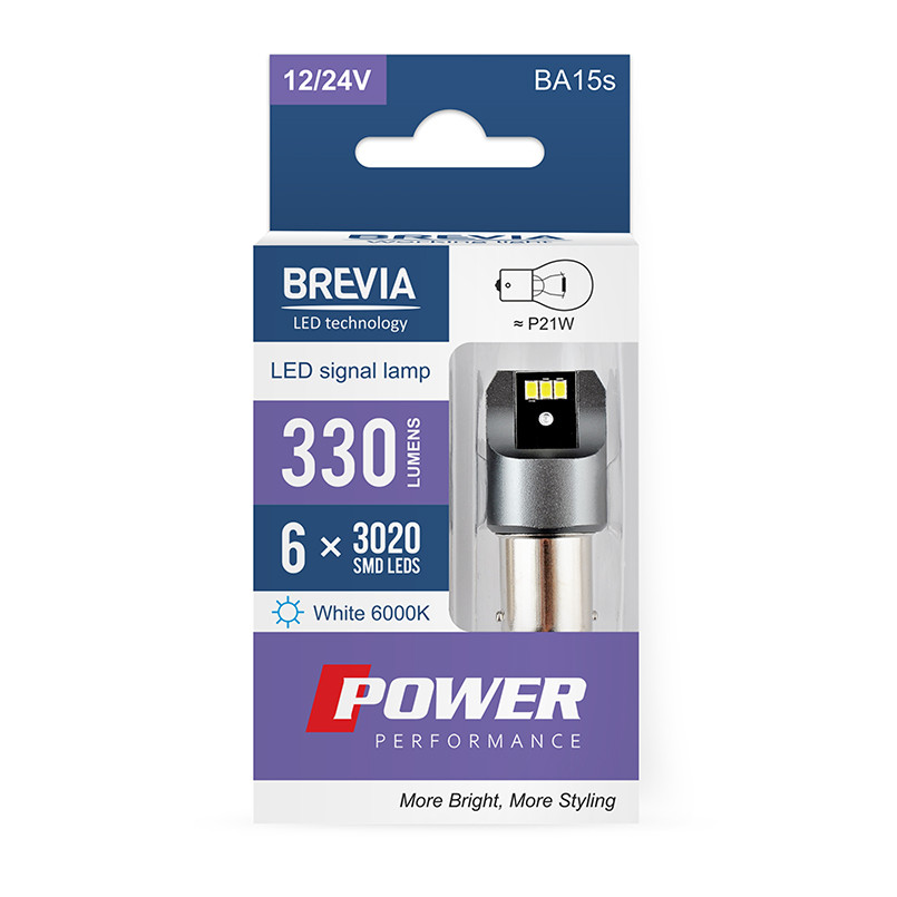 Автолампа Brevia Power LED P21W 330Lm 6x3020SMD 12/24V CANbus, 2шт Львів - фото 1