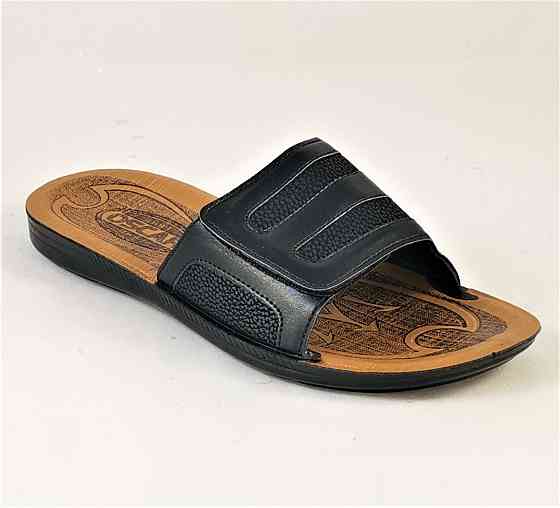 Мужские Шлёпанцы Тапочки Кожаные Черные Сланцы на Липучке (размеры: 41,42,43,44,45) Днепр