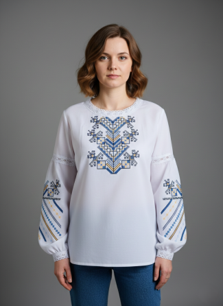 Женская вышиванка на домотканном холсте Дерево жизни сине-желтый орнамент Киев