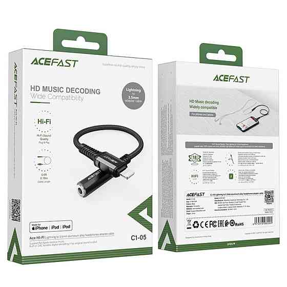 Кабель ACEFAST C1-05 Lightning to 3.5mm aluminum alloy headphones adapter cable Black Киев