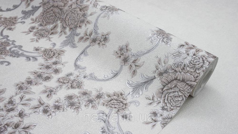 Шпалери метрові вінілові на флізеліні Sintra Classic класика квіти троянди завитки структурні коричневі срібло на сірому 445624 Київ - фото 2
