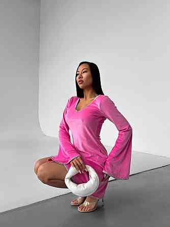 Стильное женское платье  с v-вырезом турецкий велюр Розовый, 44/46 Одесса