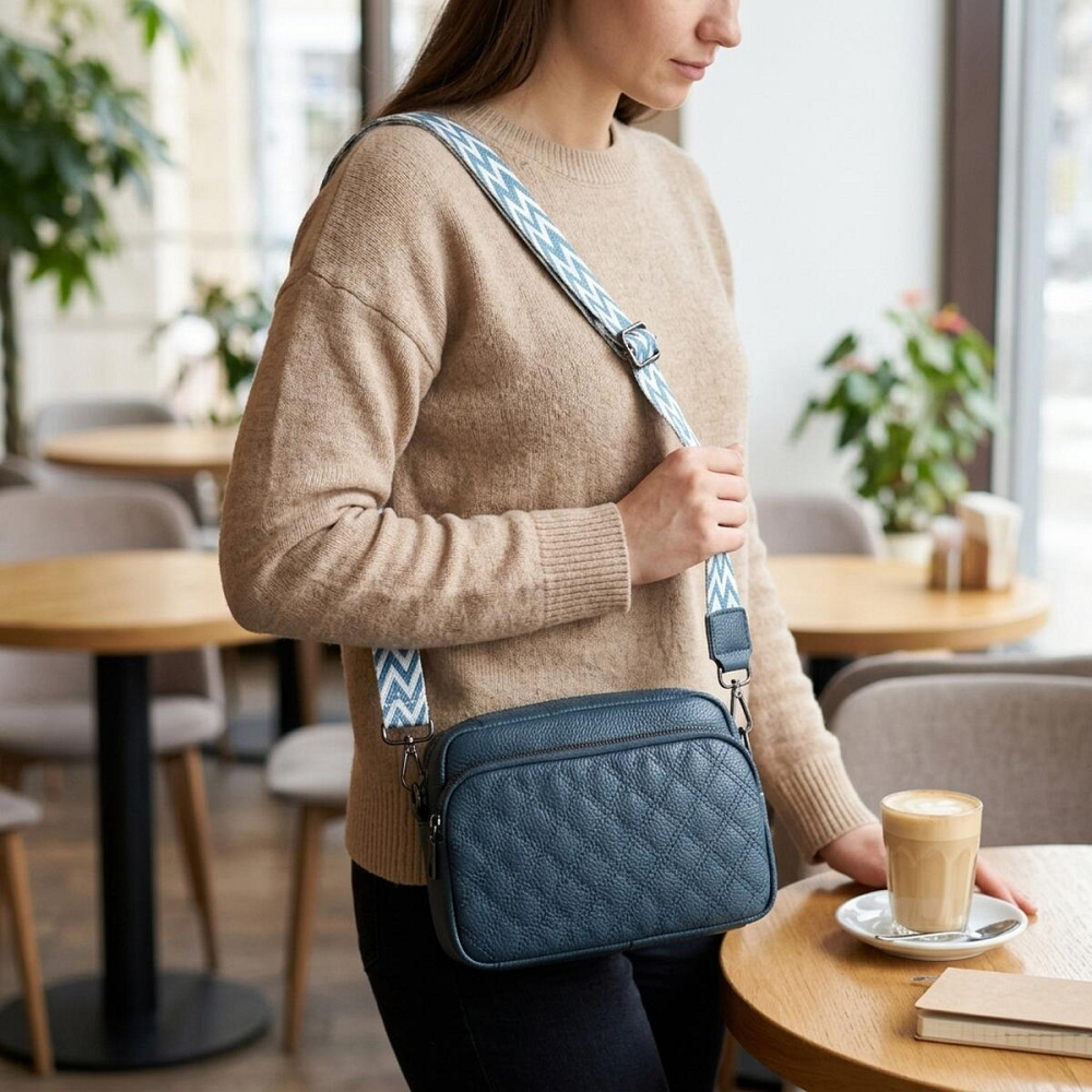 Стильна жіноча сумка прошита ромбами на лицьовій стороні з натуральної шкіри Vintage 22636 Синя Київ - фото 12