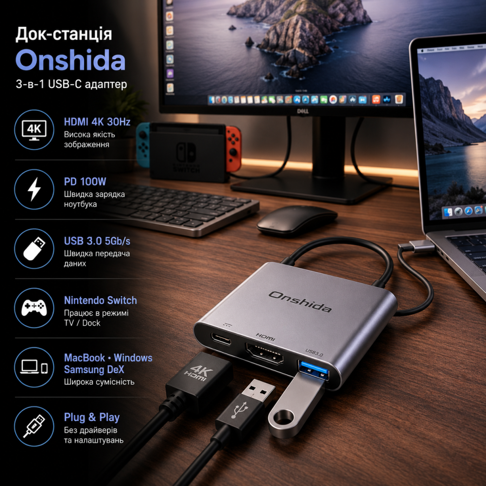 Док-станція Onshida 3в1 USB-C HDMI адаптер 4K 30Hz PD 100W USB 3.0 для Nintendo Switch MacBook Samsung DeX Київ - фото 8
