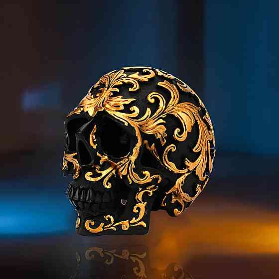 Декоративный черный череп RESTEQ с золотыми узорами — интерьерная статуэтка из ПВХ для дома, офиса, бара или Хэллоуина Киев