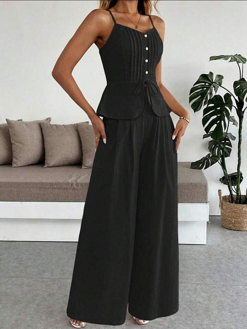 Женский летний брючный костюм двойка: топ и брюки лён Черный, 50/52 Одесса - изображение 4