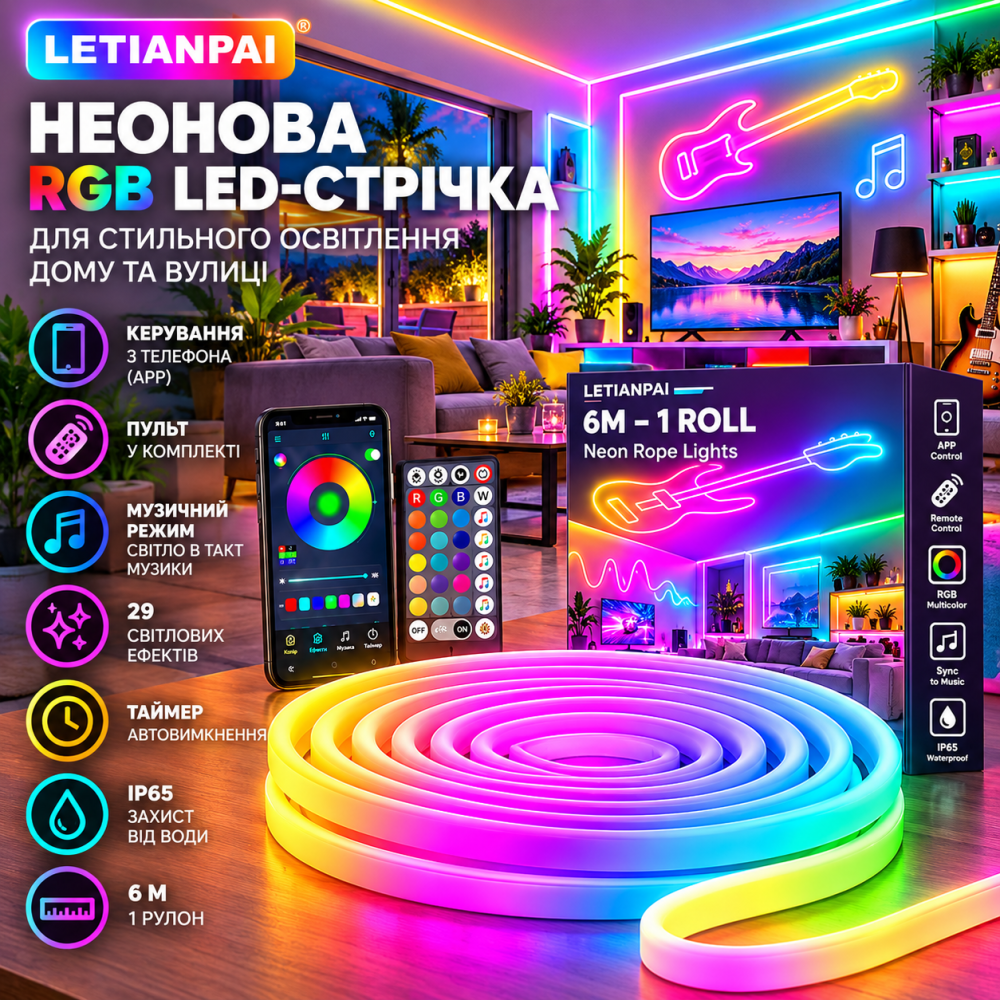 Неонова RGB LED-стрічка LETIANPAI 6 м, керування з телефона та пульта, музичний режим, 29 ефектів, таймер, IP65 Київ - фото 1
