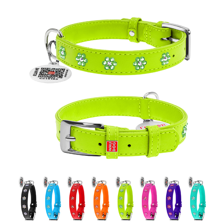 Нашийник для собак шкіряний WAUDOG Glamour з QR паспортом, з клейовими стразами "Квіти", Ш 15 м Коломия - фото 1