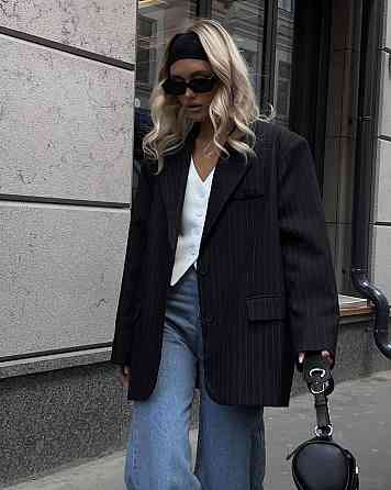 Женский классический пиджак свободного кроя в полоску костюмка Черный, 46/48 Одесса