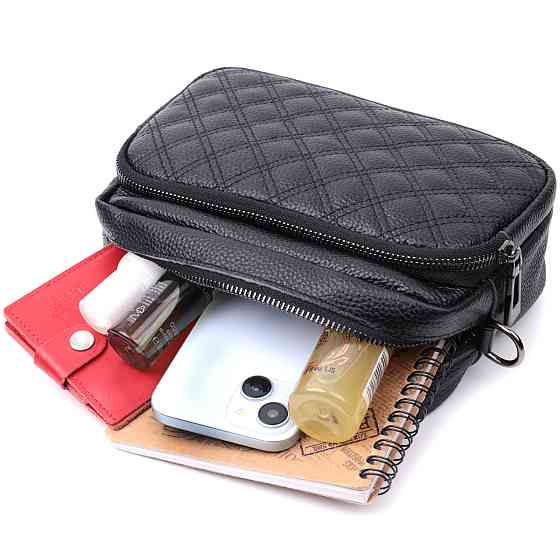 Жіноча сумка прошита ромбами на лицьовій стороні з натуральної шкіри Vintage 22634 Чорна Київ