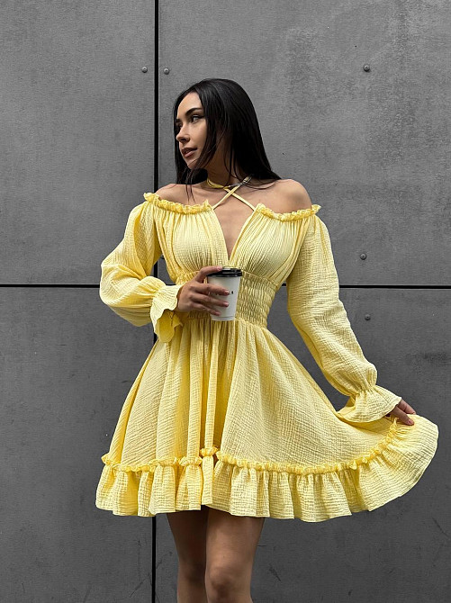 Женское летнее романтичное мини платье натуральный муслин Лимонный, 46/48 Одесса - изображение 6
